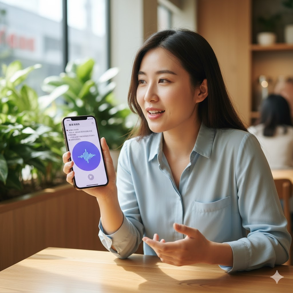 年輕女子在咖啡廳展示Plaud App,螢幕顯示音頻波形