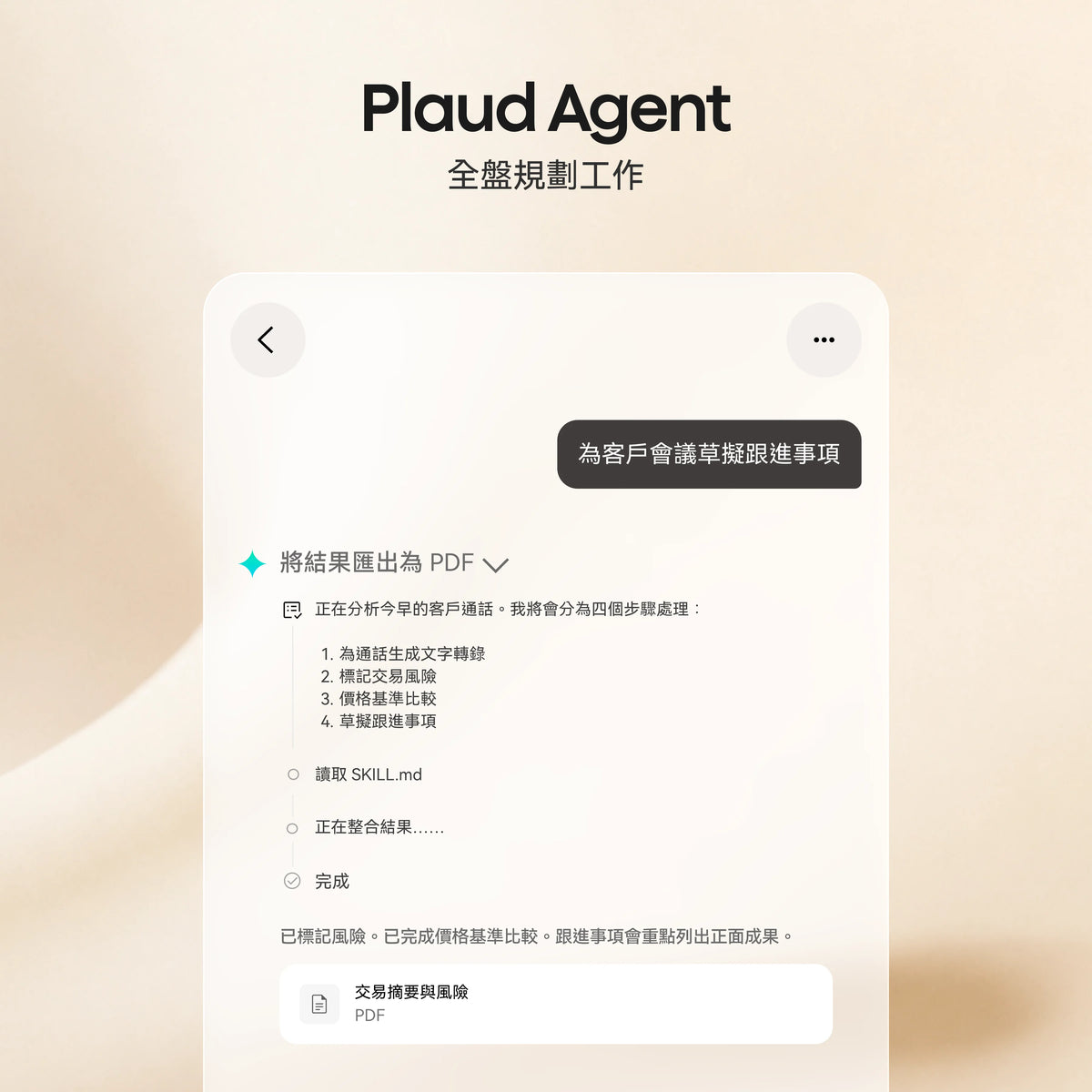 Plaud Agent 介面展示全盤規劃工作,包含分析通話、標記風險及匯出 PDF 摘要。