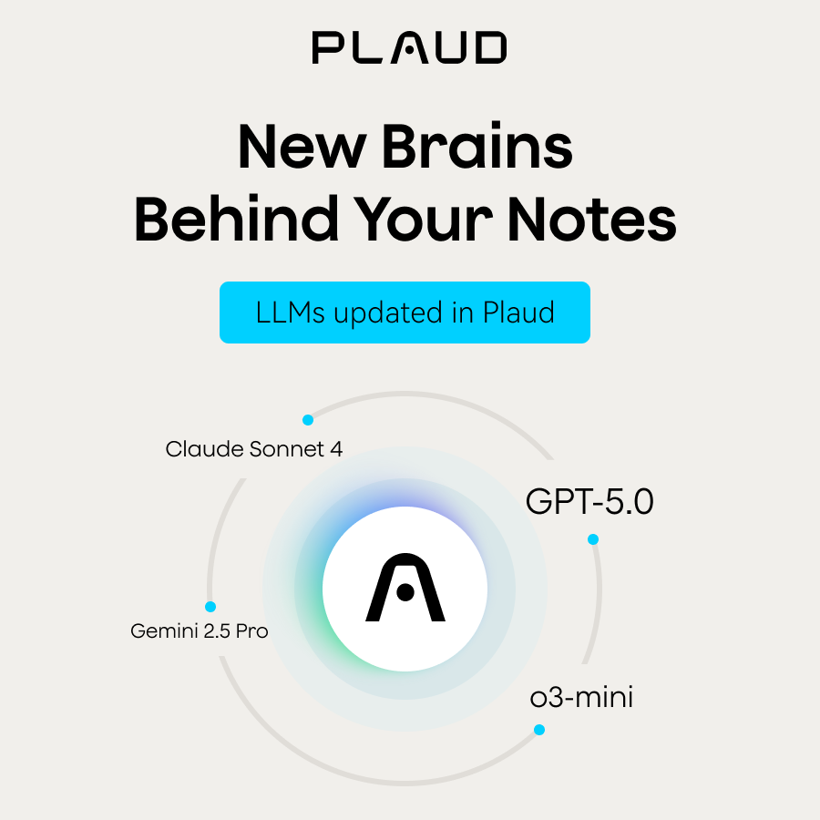 Plaud 更新了其LLM模型，包括Claude Sonnet 4、Gemini 2.5 Pro、GPT-5.0和o3-