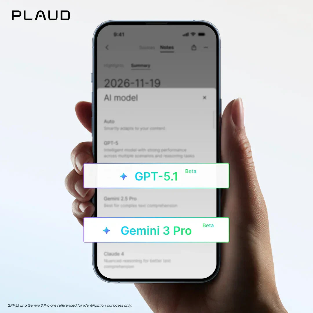 Plaud App 顯示 AI 模型選擇，包括 GPT-5.1 和 Gemini 3 Pro
