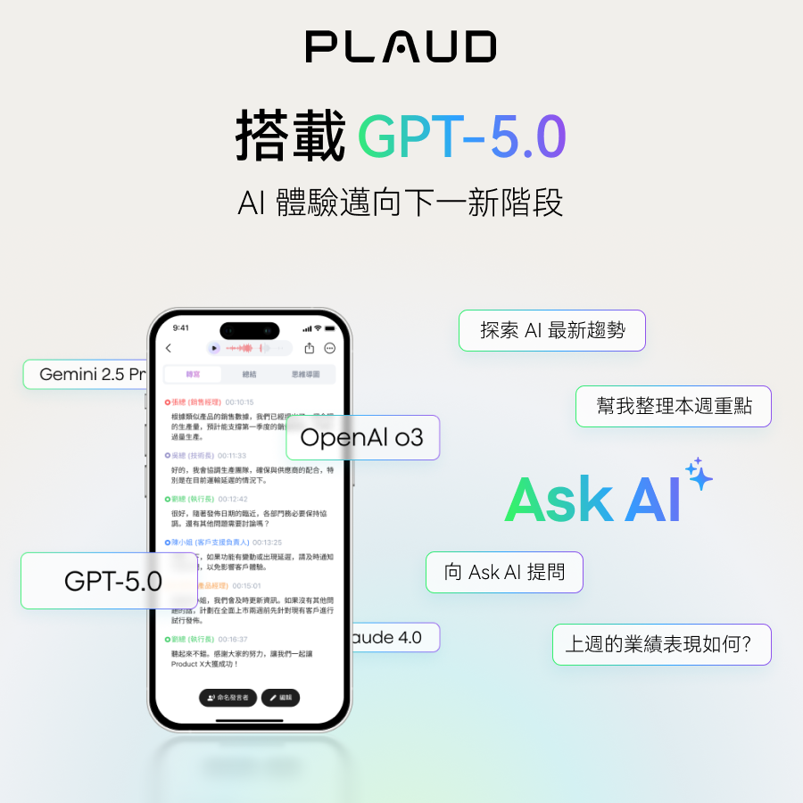 Plaud App 整合 GPT-5.0 等AI模型，提供智慧問答與摘要功能。