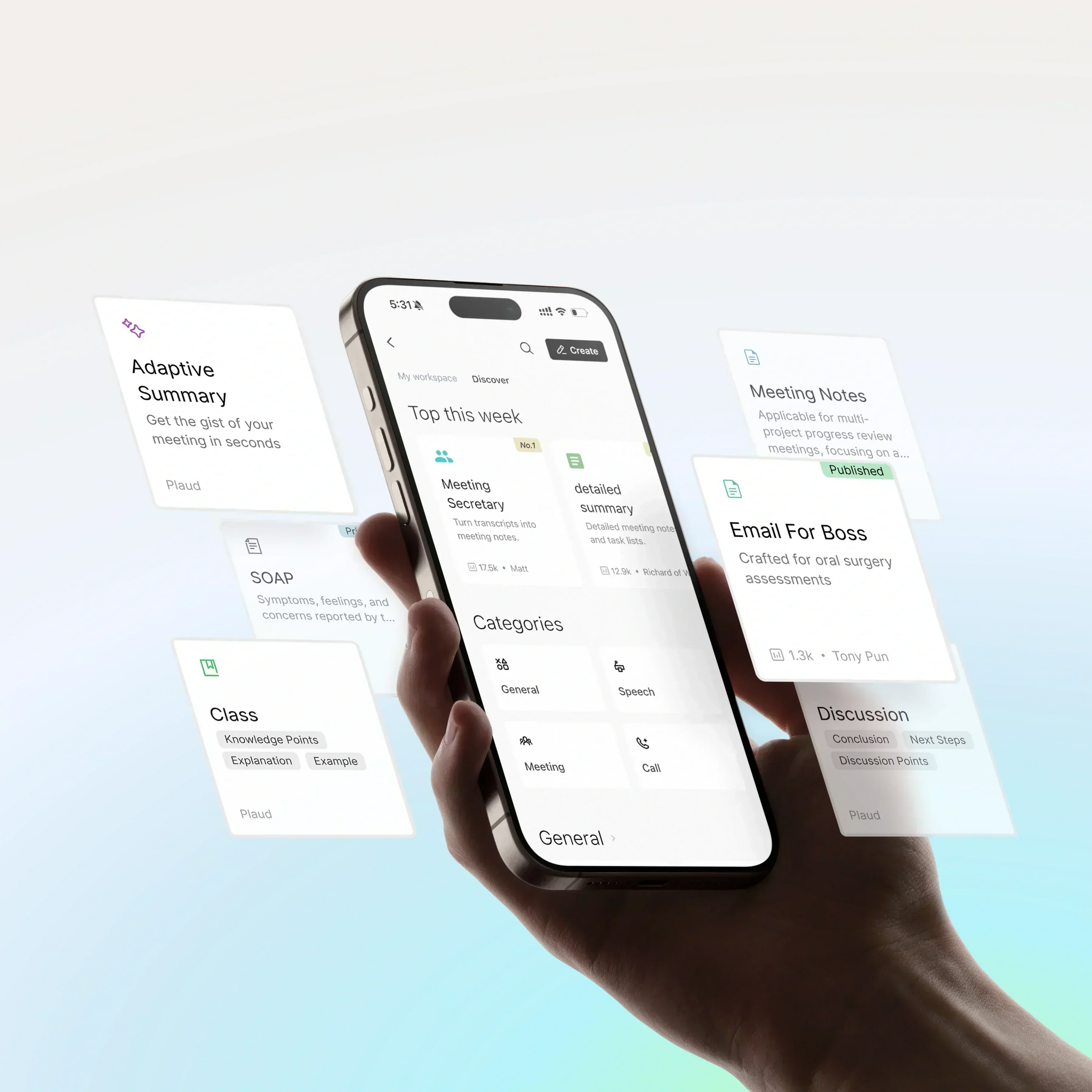 Plaud App 介面，展示AI會議摘要、筆記等多種功能。
