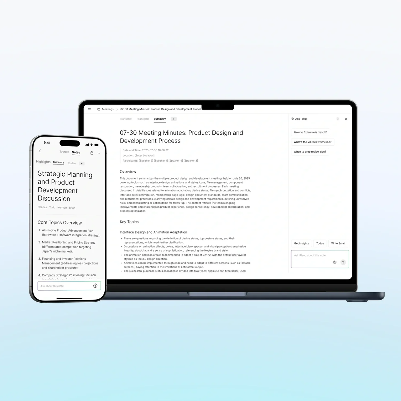Plaud App/Web 跨裝置顯示會議摘要與記錄