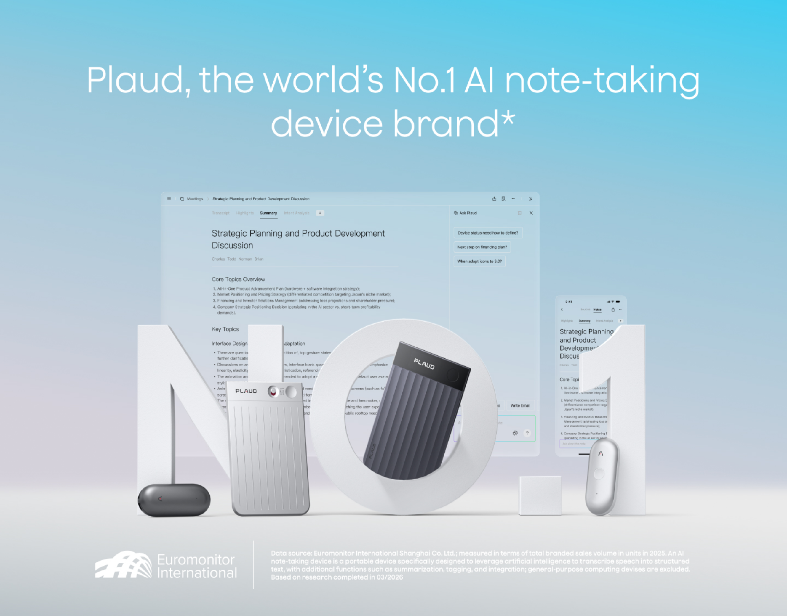 Plaud 榮獲 Euromonitor 認證為全球排名第一的 AI 筆記記錄裝置品牌
