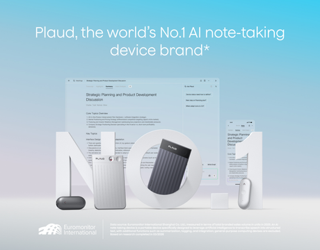 Plaud 榮獲 Euromonitor 認證為全球排名第一的 AI 筆記記錄裝置品牌