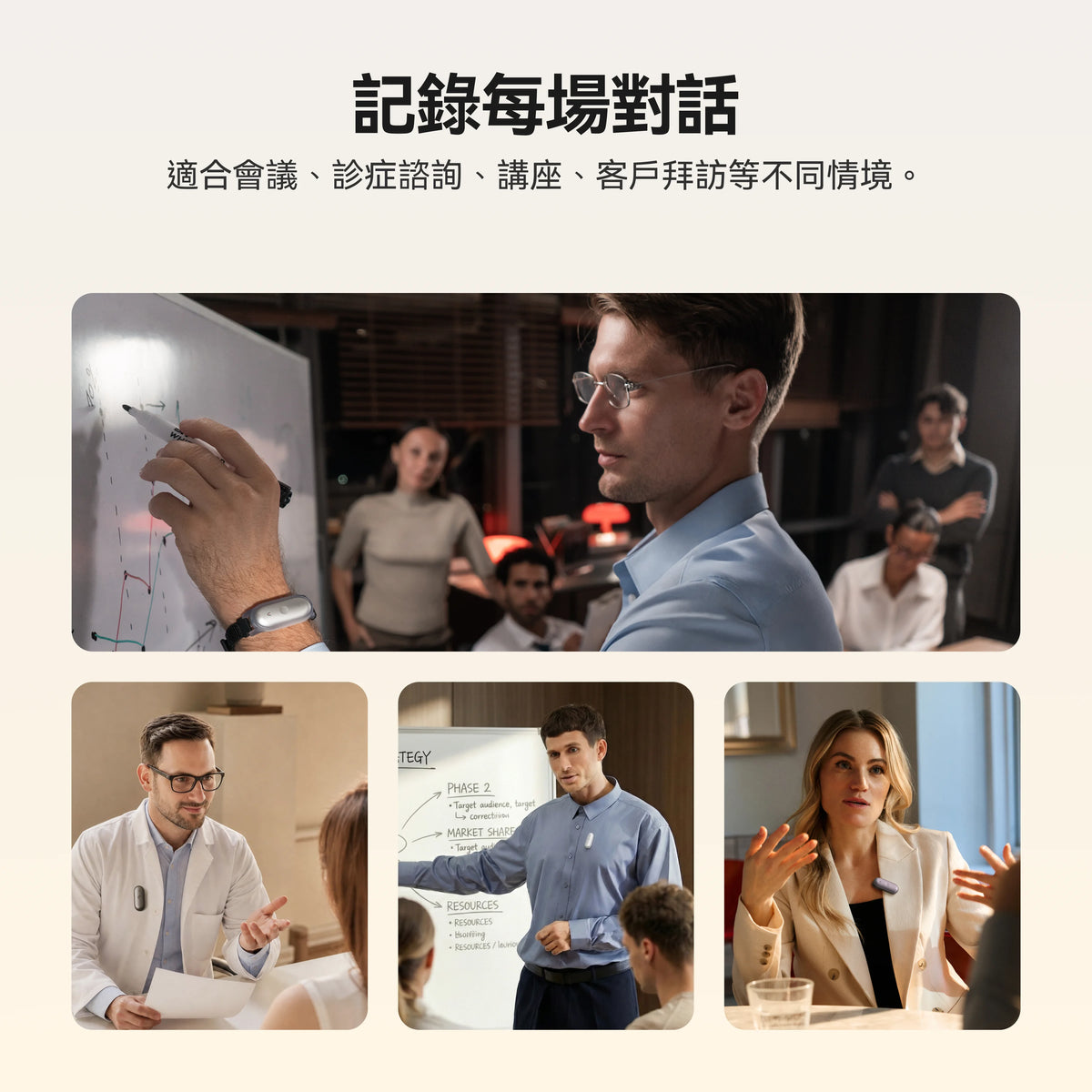 專業人士在會議、診症及講座中使用 Plaud NotePin 記錄每場對話。