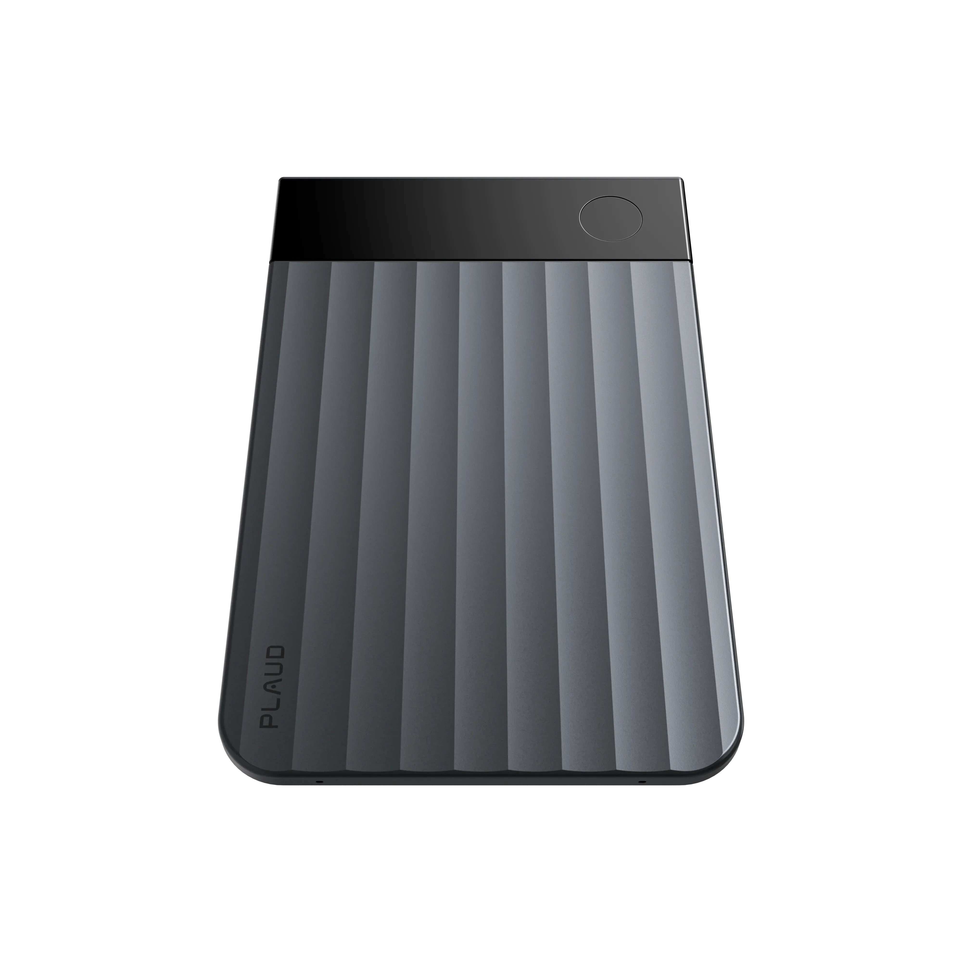 Sleek gray Plaud Note Pro AI voice recorder with distinctive ribbed design for meetings, calls and transcription