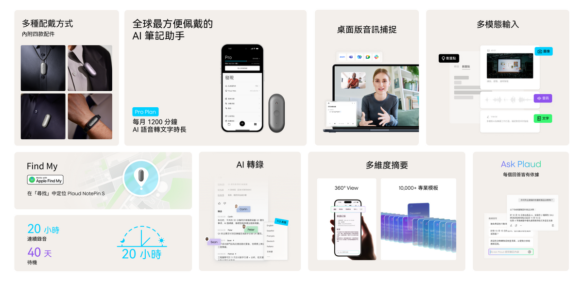 Plaud NotePin S 功能總覽：多種配戴、AI轉錄、Find My、長續航。