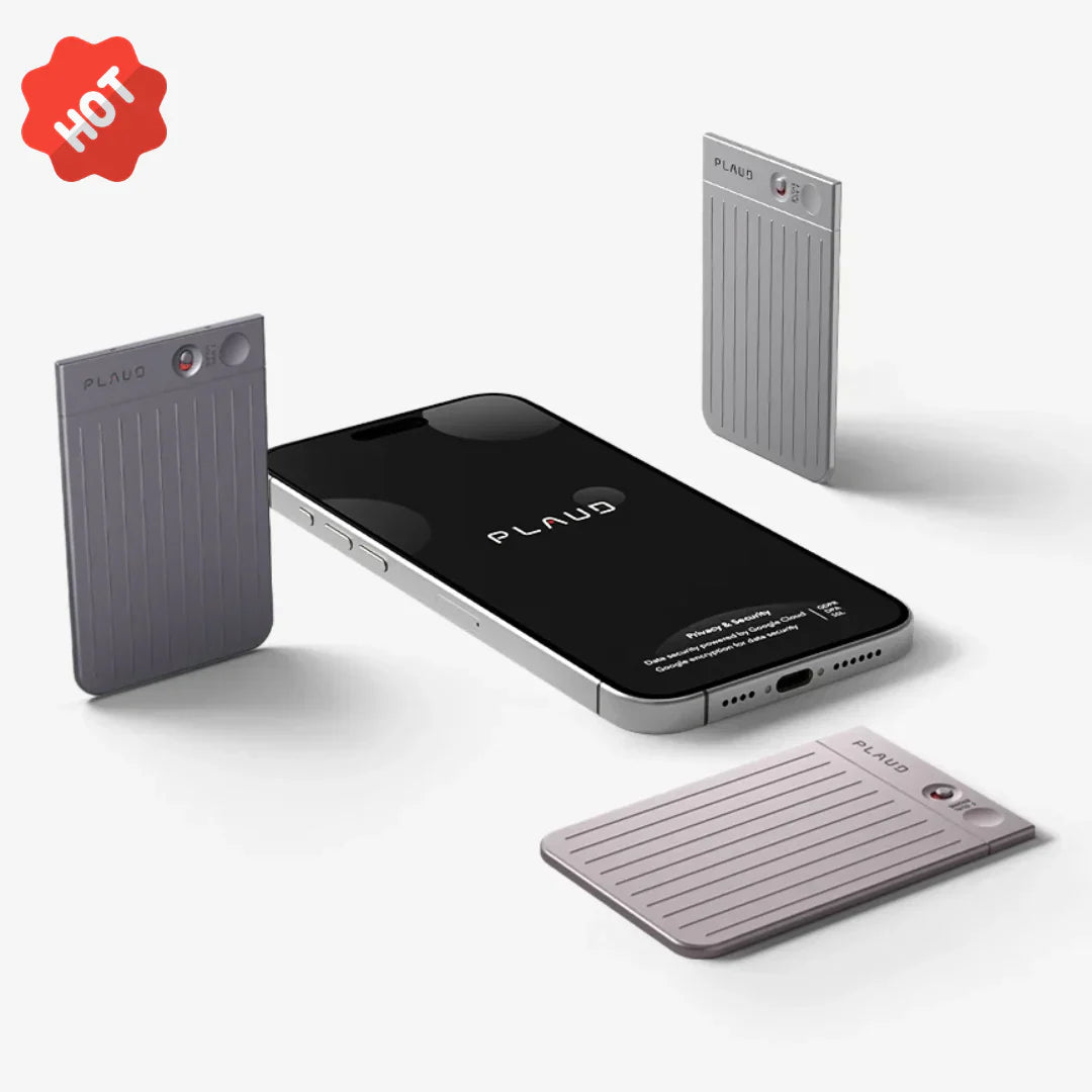 Three Plaud Note AI voice recorders in different colors surrounding a smartphone.