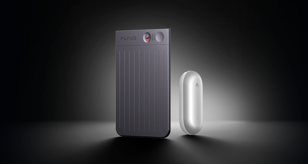 Plaud Note and Plaud NotePin AI voice recorders displayed together against a dark, minimalist background.
